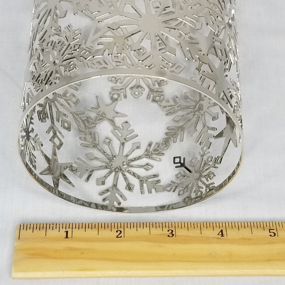 Silver Snowflakes Stars Jar Candle Sleeve Holder Metal 4" x 6.5"H - Picture 5 of 6